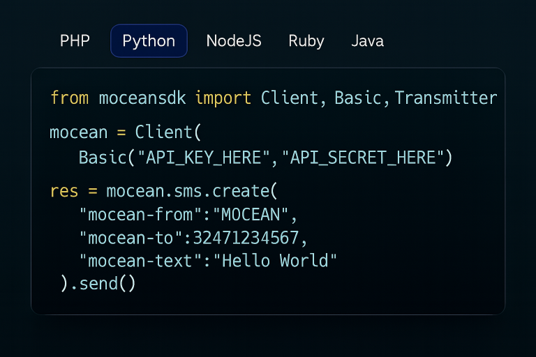 Python code example using Mocean’s SMS API to send instant messages